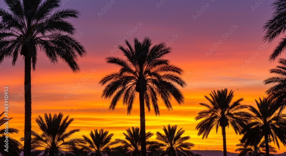 Vibrant Sunset Over Palm Trees - Silhouetted palm trees stand tall against a breathtaking sunset, showcasing vibrant orange, yellow, and purple hues Vibrant Sunset Over Palm Trees - Silhouetted palm trees stand tall against a breathtaking sunset, showcasing vibrant orange, yellow, and purple hues