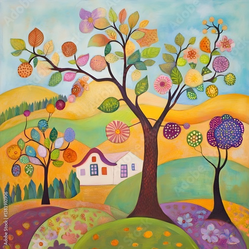Illustration of a tree and houses. Naive art. Painting of a beautiful colorful landscape with a house and a tree