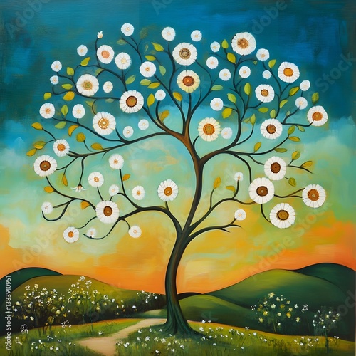 Illustration of a tree and houses. Naive art. 