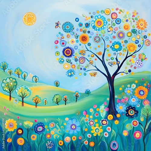 Illustration of a tree and houses. Naive art. Spring landscape with a tree and colorful flowers on a meadow.