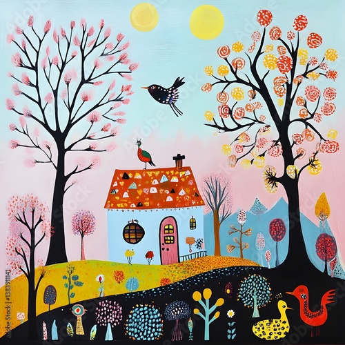 Illustration of a tree and houses. Naive art. Autumn landscape with a house, trees, birds and flowers.