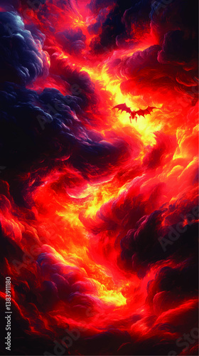 Epic Fantasy Illustration of Fiery Mythical Dragon Flying Through Dramatic Burning Clouds with Vibrant Red Yellow and Purple Colors Ideal for Wallpapers Posters and Art