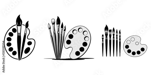 Artist's palette with paints and brushes. Black and white vector illustration for posters, coloring books and other items. Isolated object, Painter's Palette, Paint Palette and Brush Icon on  Black.