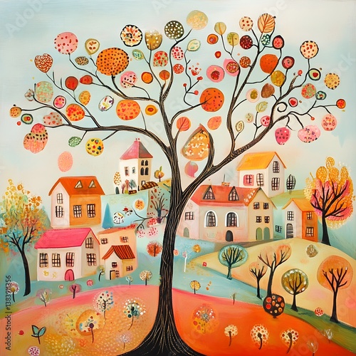 Illustration of a tree and houses. Naive art. Autumn landscape with houses, trees and colorful flowers. 