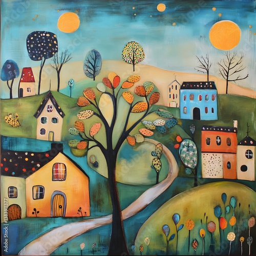 Illustration of a tree and houses. Naive art. Beautiful autumn landscape with houses and trees. Illustration on paper.