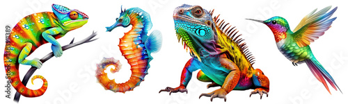 Colorful Animals including a chameleon, seahorse, iguana, and hummingbird