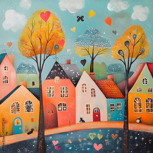Illustration of a tree and houses. Naive art. Hand drawn illustration of a cute little town with colorful houses, trees and hearts