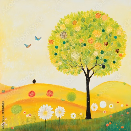Illustration of a tree and houses. Naive art. Tree on the meadow with daisies and butterflies. 
