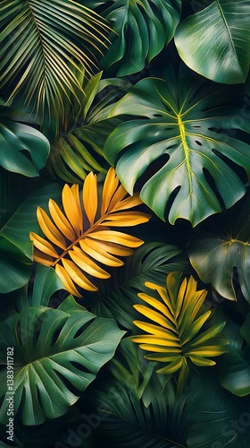 Lush Tropical Leaves in Green with Yellow and Gold Accents

