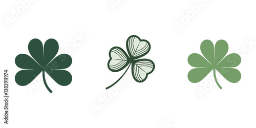 Good luck four leaf clover flat icon set. Clover icons. Clover silhouettes. Good luck fortune flat vector icon set isolated on transparent background. Vector illustration, Lucky four, three clover.