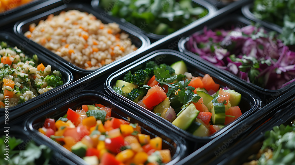 Obraz premium Healthy meal prep with fresh vegetables and grains in containers, ideal for diet planning and portion control