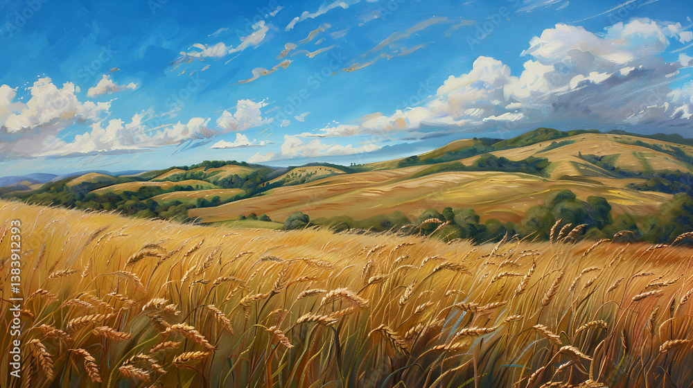 A wheat field under a bright blue sky with scattered clouds and rolling hills in the distance .