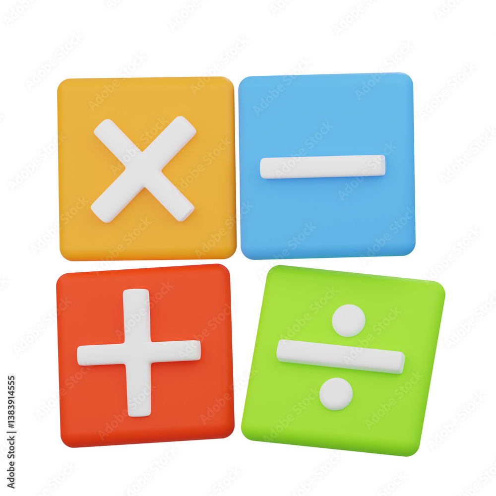 Fototapeta premium The image depicts colorful 3D blocks showcasing the symbols of basic mathematical operations.