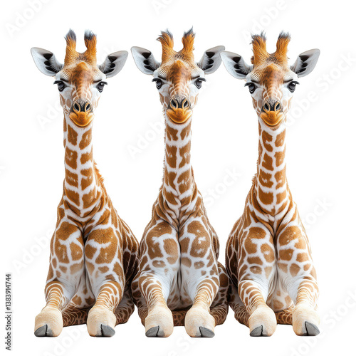 Three giraffes sitting in a row isolated on white background photo