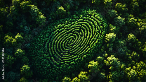 Humanity's imprint on nature and the environment, visualized as a green stylized fingerprint isolated on a background, relationship between humans and the natural world