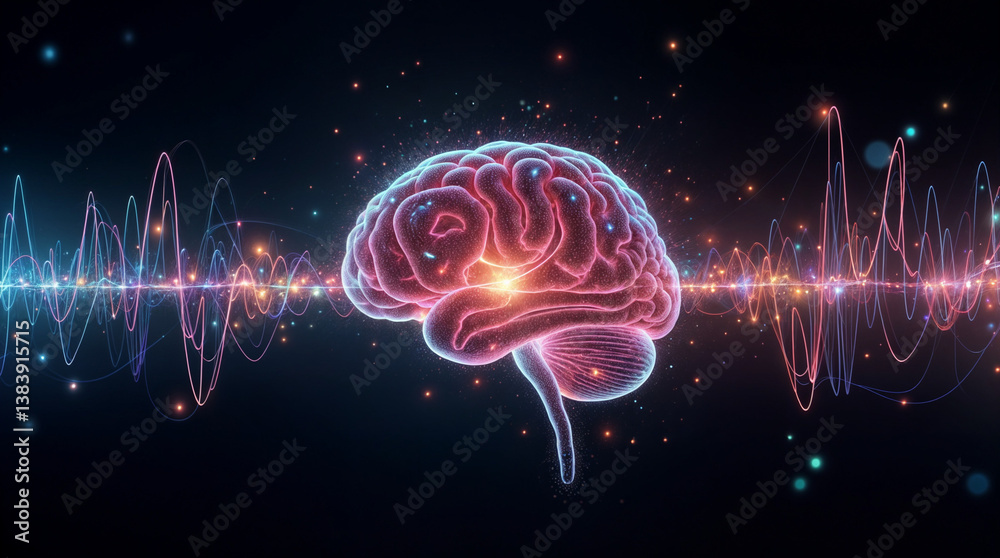 Fototapeta premium Futuristic visualization of human brain with glowing neural activity and colorful frequency waves symbolizing artificial intelligence, mental health, innovation, and digital transformation concepts 