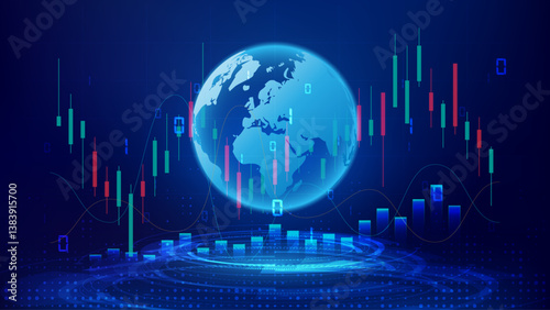 Trading technology concept for financial market or exchange business. Blue gradient background with digital globe, candlestick chart, stock market trading graph futuristic style vector illustration.
