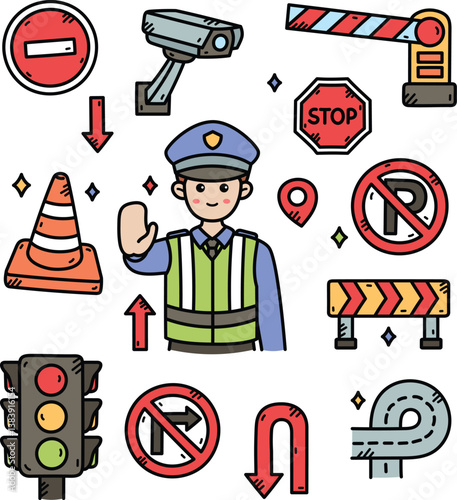 traffic signs and symbols set, including a traffic light, stop sign, and traffic light. set of traffic vector illustration.