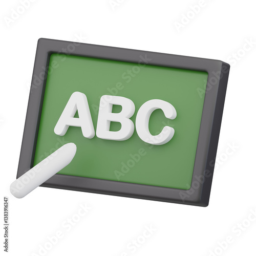 A 3D illustration of a chalkboard showing the letters ABC with a piece of chalk.
