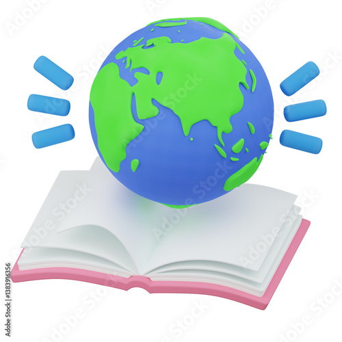 A colorful 3D illustration featuring an earth globe over an open book, symbolizing global education.