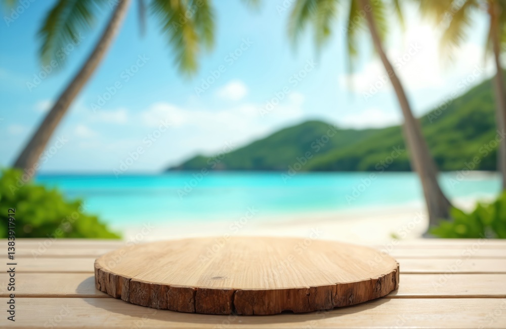 Fototapeta premium Round wooden platform table top for product display. Tropical beach background with sea, sky, palms. Place item showcase, promo advertising. Perfect for eco products promotion, lifestyle, vacation