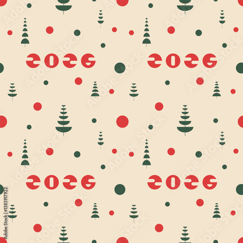 Seamless vector pattern with festive elements, likely intended for Christmas or holiday-themed designs. The style is minimalist and graphic, modern, 2026, trees, circle