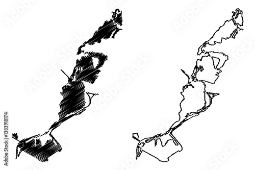 Lake Tisza (Hungary) map vector illustration, scribble sketch Kiskore or Kisköre Reservoir map