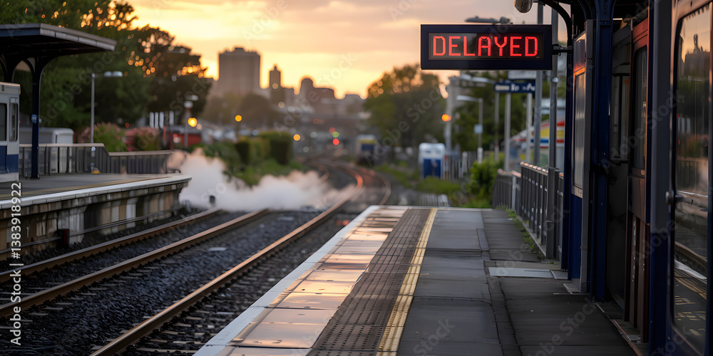 Fototapeta premium Train platform digital sign showing DELAYED at sunset with empty tracks – text