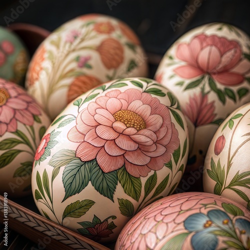 Traditional Easter Egg Art: Intricate Matryoshka Floral Designs on a Dark Background