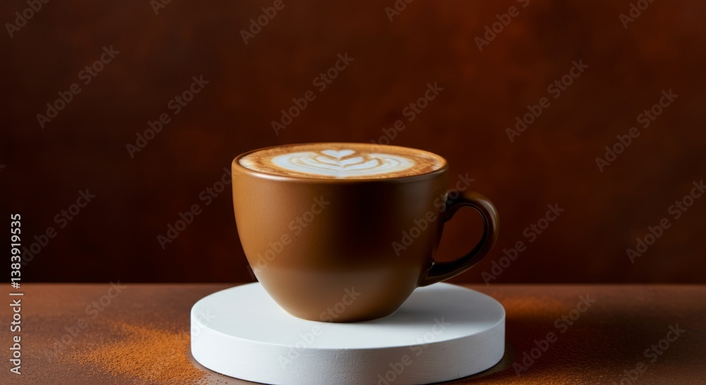 Obraz premium Warm cappuccino with latte art on simple white stand against brown background