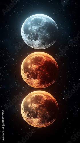 Three Moons in Vertical Alignment with Silver, Orange, and Red


