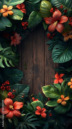 Vibrant Tropical Flowers and Green Leaves Framing Rustic Wooden Panel

