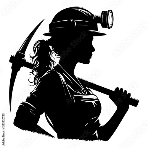 Black and white silhouette of a female miner with a pickaxe on a white background. Vector graphics. EPS.