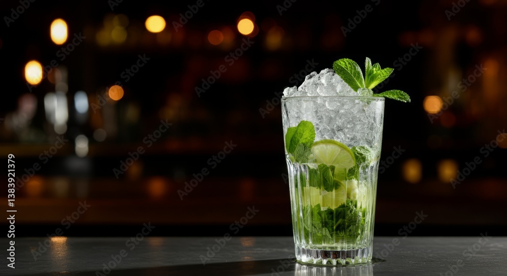 Refreshing mojito cocktail with lime and mint on dark bar background Refreshing mojito cocktail with lime and mint on dark bar background