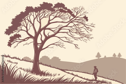 Tranquil Landscape Silhouette of a Person Contemplating Nature by a Majestic Tree