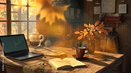 Relaxing Autumn Vibes With a Laptop and Hot Coffee at a Cafe Table Generative AI