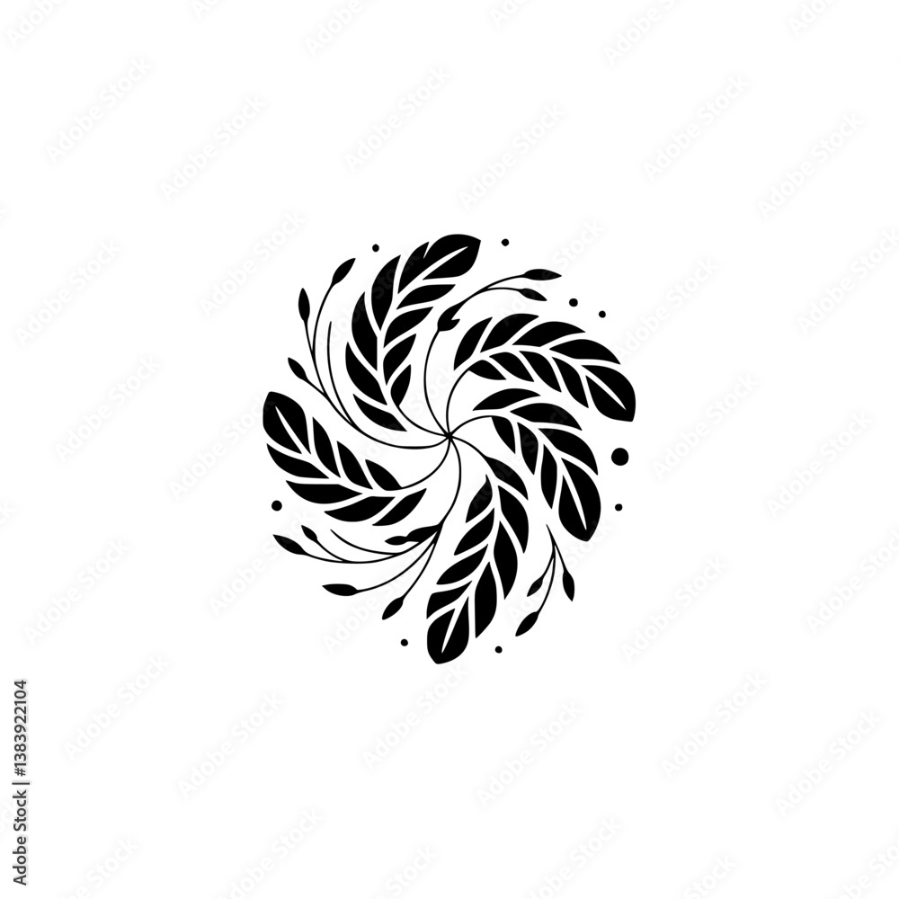 Fototapeta premium Minimalist Leaf Swirl Logo Design, Black & White Floral Motif, Vector Illustration