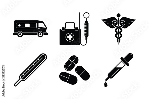 Set of black and white vector icons for medical designs