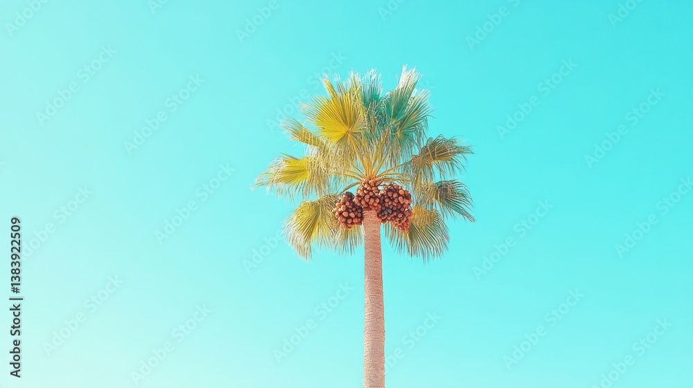 Obraz premium Palm tree against vibrant blue sky, summer vacation postcard