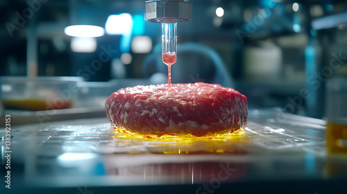 Laboratory-grown artificial meat concept showcasing the future of food with cultured beef, a sustainable and ethical alternative to traditional meat production