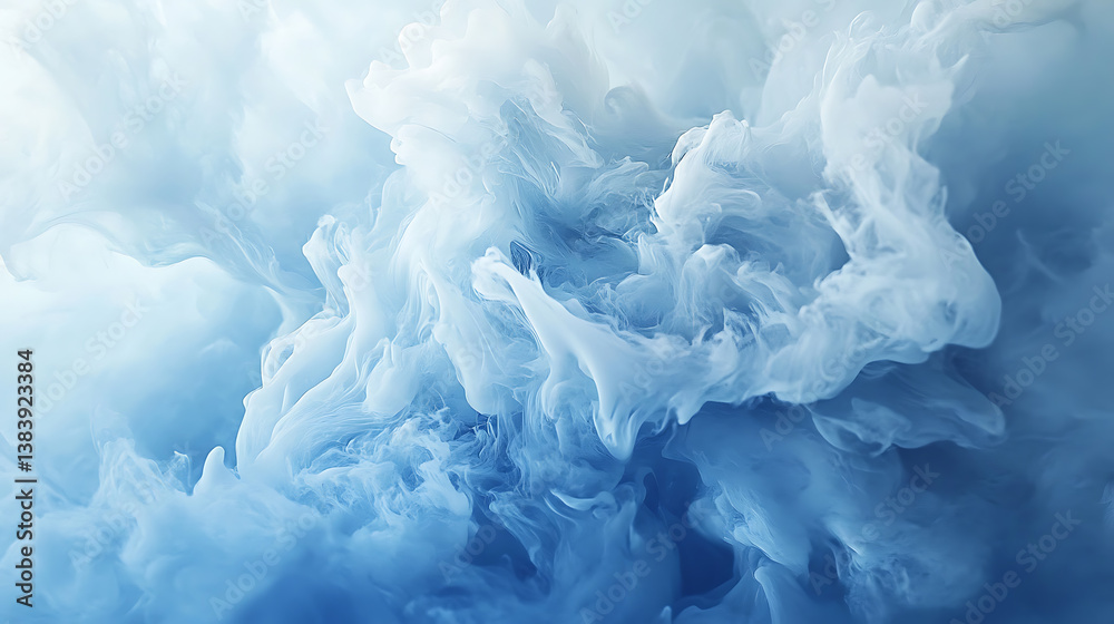 Fototapeta premium Mixture of white and blue paints, abstract art, ink, bright colors, abstractionism, liquid, fluid, stains, blue sea foam, ocean breeze, sea, curl, waves, marble pattern, 3d artwork raster background