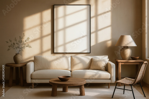 Wall art mockup in frame above cream sofa with wooden coffee table and chairs in natural light. Interior scene with neutral tones, wabi sabi or japandi style. Living room decoration 