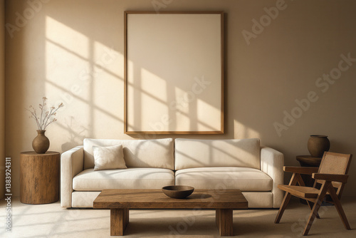 Wall art mockup in frame above cream sofa with wooden coffee table and chairs in natural light. Interior scene with neutral tones, wabi sabi or japandi style. Living room decoration 