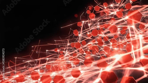 Futuristic digital animation of glowing red hexagons interconnected in a complex pattern. The dark background enhances depth, with subtle light effects adding a high-tech feel. 4k, hd, video, movement
