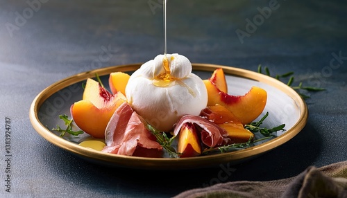 A lively mix of juicy peaches, creamy burrata, and prosciutto drizzled with honey.