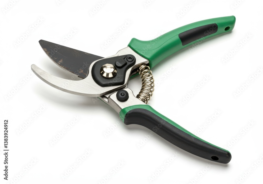 Obraz premium A close up of green handled pruning shears with silver blades on a white background surface view