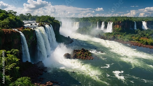 Breathtaking view of Iguazu Falls with lush greenery and vibrant blue skies.