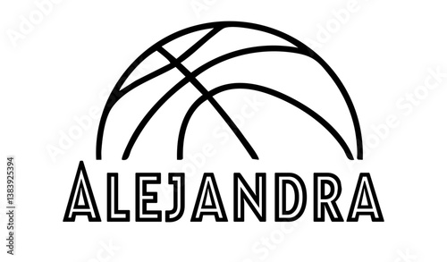 Alejandra - first name written in sport style and stylized basketball sketch; black color; vector graphics for banners, cards, sweatshirts, prints, cricut, silhouette, sublimation	