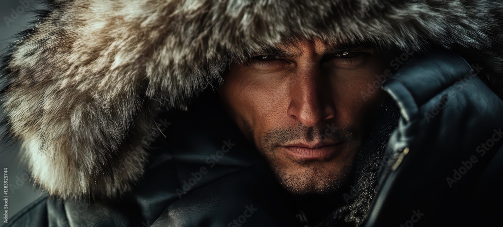 A close-up of a man adjusting his fur-lined hood in the wind A close-up of a man adjusting his fur-lined hood in the wind