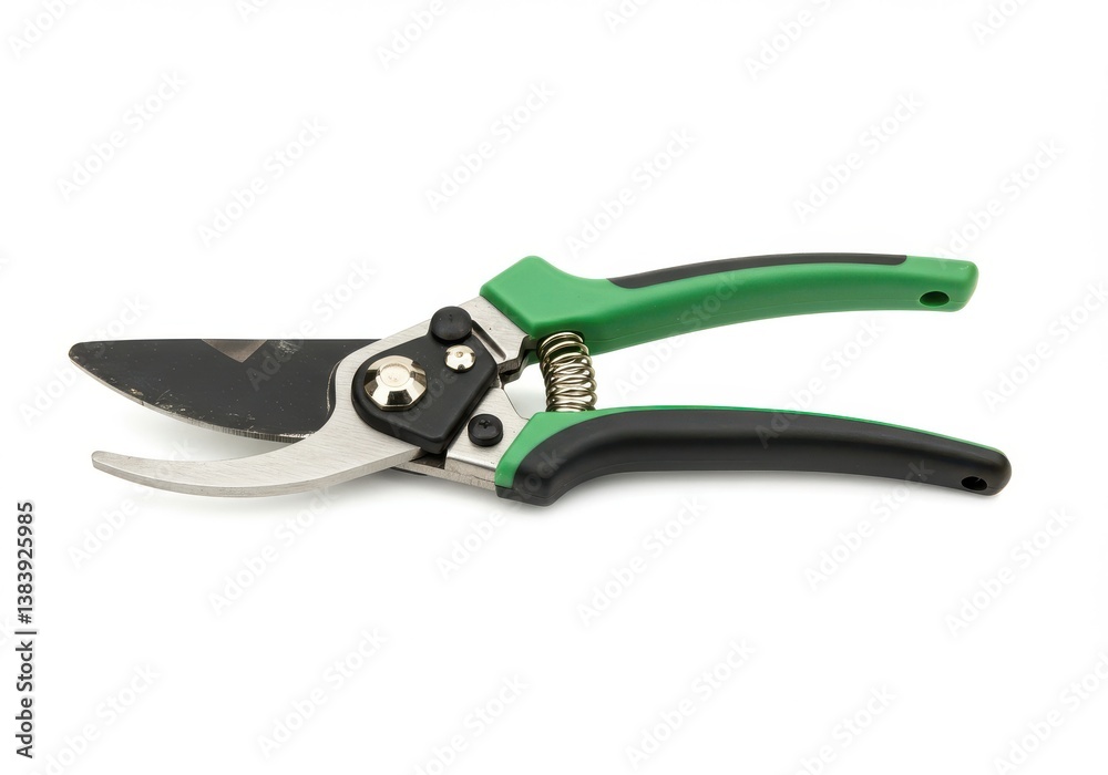Obraz premium A close up of green handled pruning shears with a spring mechanism on a white background surface view